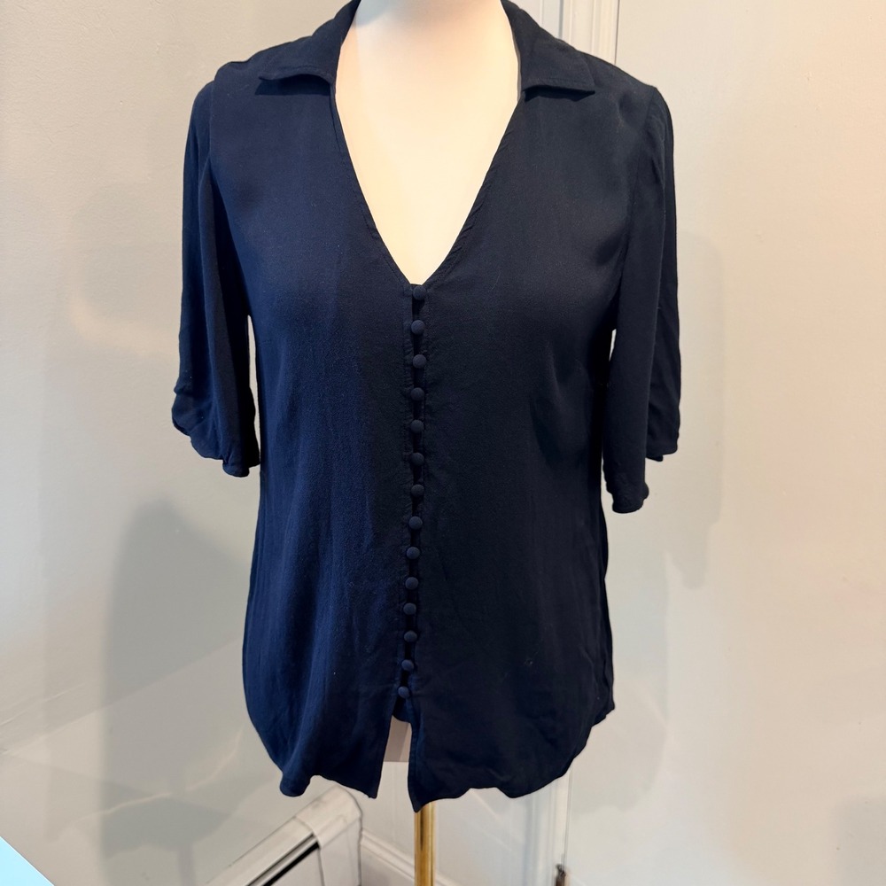 Soft Surroundings Navy Blue Button Front Blouse Top Chic Versatile | Size XS